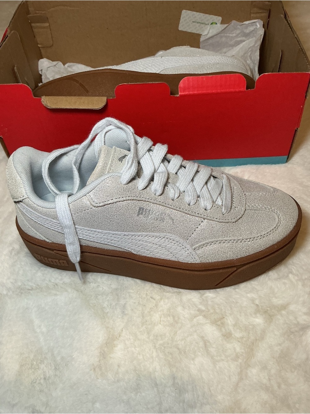 Puma grey/silver Suede-Style Low-Top Sneaker with Brown Platform Sole